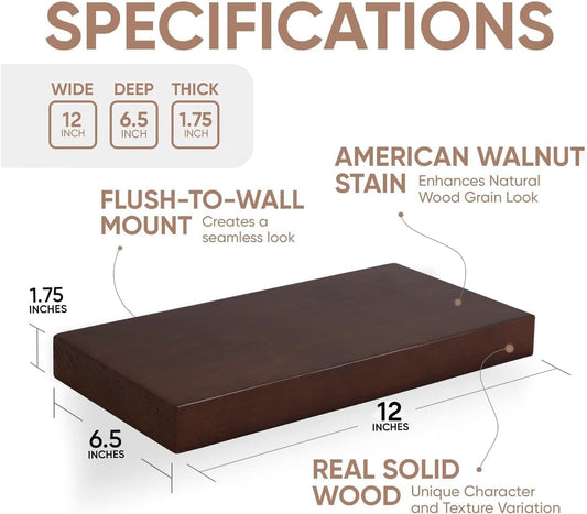Homeforia Walnut 12 inch Floating Shelf, High End Solid Real Wood Small 12inch Floating Shelves for Wall Mounted, Dark Brown 12in Floating Shelves, Heavy Duty Bracket, 12 X 6.5 X 1.75 inches, Set of 3