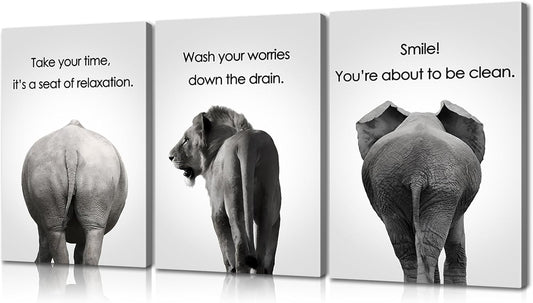 Mistyefly 3 Pieces Bathroom Wall Art - Funny African Animal Canvas With Quotes for Decor (20"Wx28"Hx3PCS)