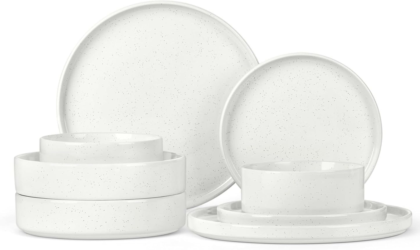 Herogo 8 Piece Dinnerware Sets with Pasta Bowls for 2, Dinner Salad Plates and Cereal Serving Bowls, Stoneware Dishes Dinner Ware for Kitchen Dining, Chip & Scratch Resistant Dishware, Speckled White