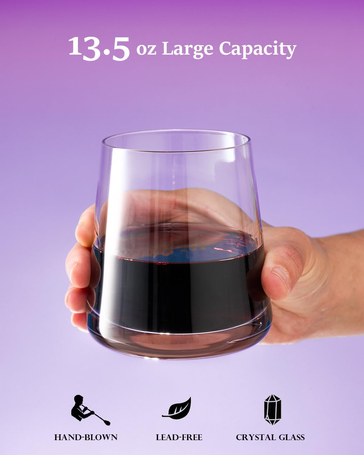 Crystal Stemless Wine Glasses Set of 4, 13.5 oz Hand-blown Drinking Glasses for Red and White Wine, Universal Drinking Glasses for Juice and Water, Thickened Base & Dishwasher Safe