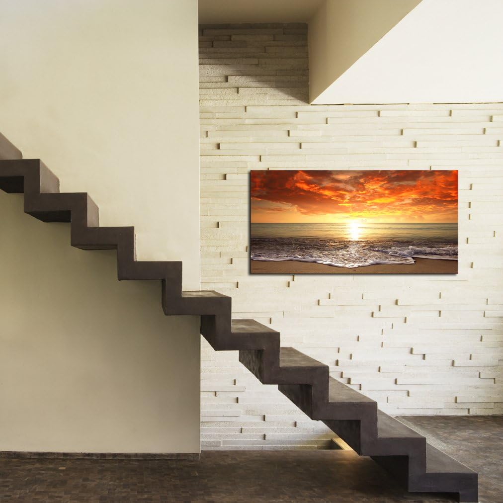 Baisuart-S0150 Canvas Prints Wall Art Sunset Ocean Beach Pictures Photo Paintings for Living Room Bedroom Home Decorations Modern Stretched and Framed Seascape Waves Landscape Giclee Artwork