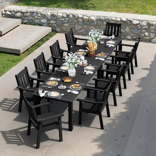 YEFU Outdoor Patio Dining Sets: Outdoor Furniture 12 Piece Dining Table Set for 10 with Umbrella Hole & Aluminum Frame - All Weather Patio 2 Table and 10 Chairs for Outside Backyard/Porch/Deck Black