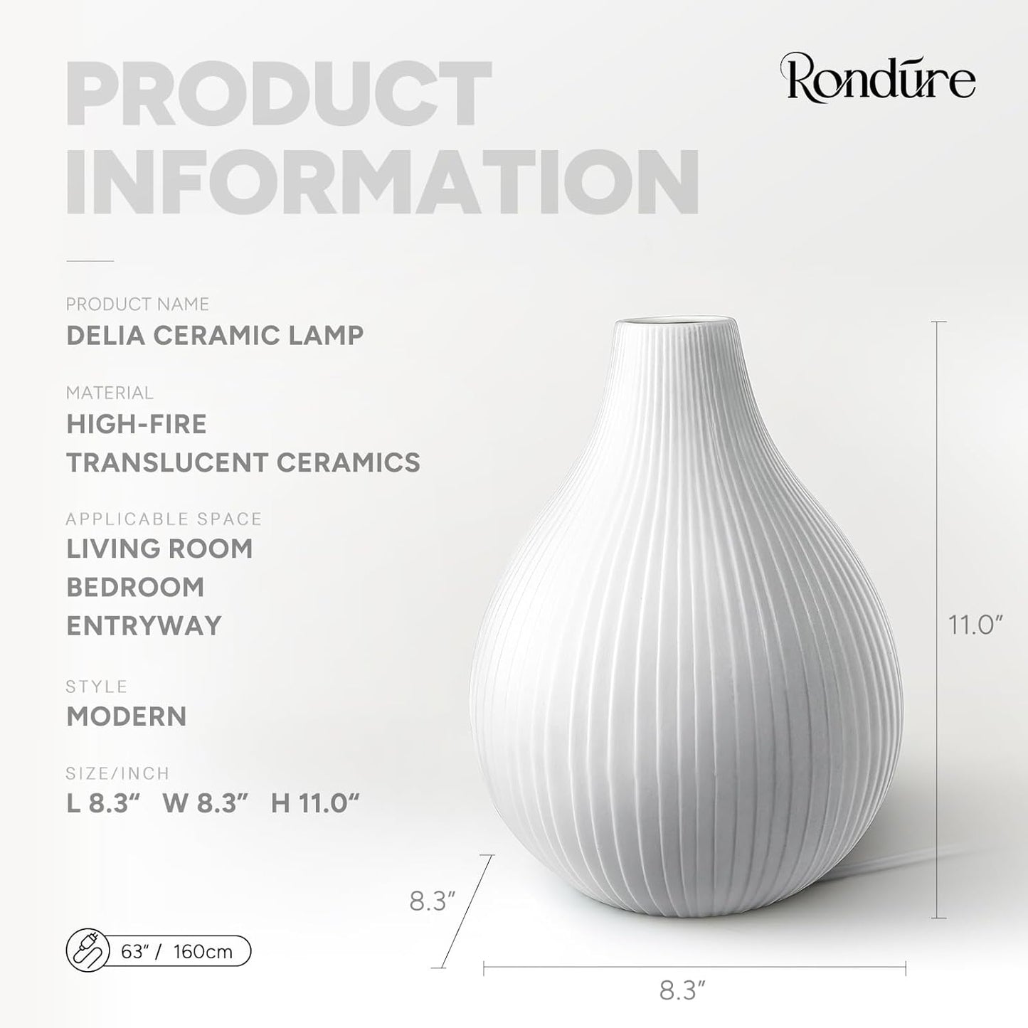 RONDURE 11.0" Modern Ceramic Table Lamp, Modern Bedside Lamps for Bedroom, Living Room and Nightstand, White Translucent Ceramic Shade, Warm Ambient Lighting, Home Decor