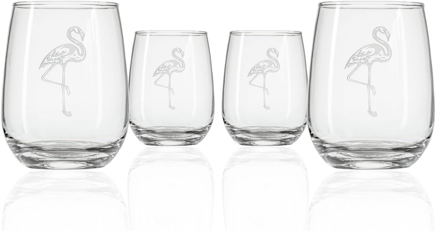 Rolf Glass Flamingo Stemless Wine Glass | 17oz Stemless Tumblers | Lead-Free and Etched Glass | Made in the USA | Coastal or Tropical Flamingo Design | Set of 4