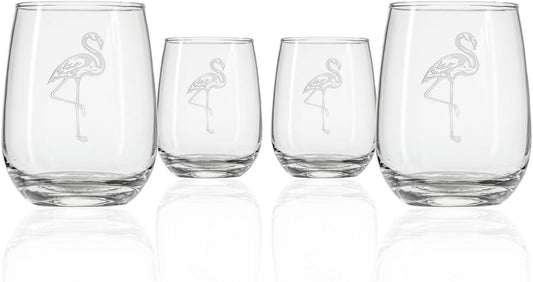 Rolf Glass Flamingo Stemless Wine Glass | 17oz Stemless Tumblers | Lead-Free and Etched Glass | Made in the USA | Coastal or Tropical Flamingo Design | Set of 4