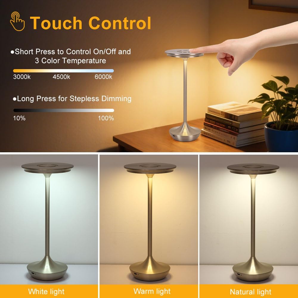 EJQ Rechargeable Cordless Table Lamp, 6000mAh Battery Operated LED Table Lights,Touch Control - 3 Color Dimmable for Bedroom, Patio, Cofee, Outdoor,Dining Home,Restaurant&Living Room-Silver