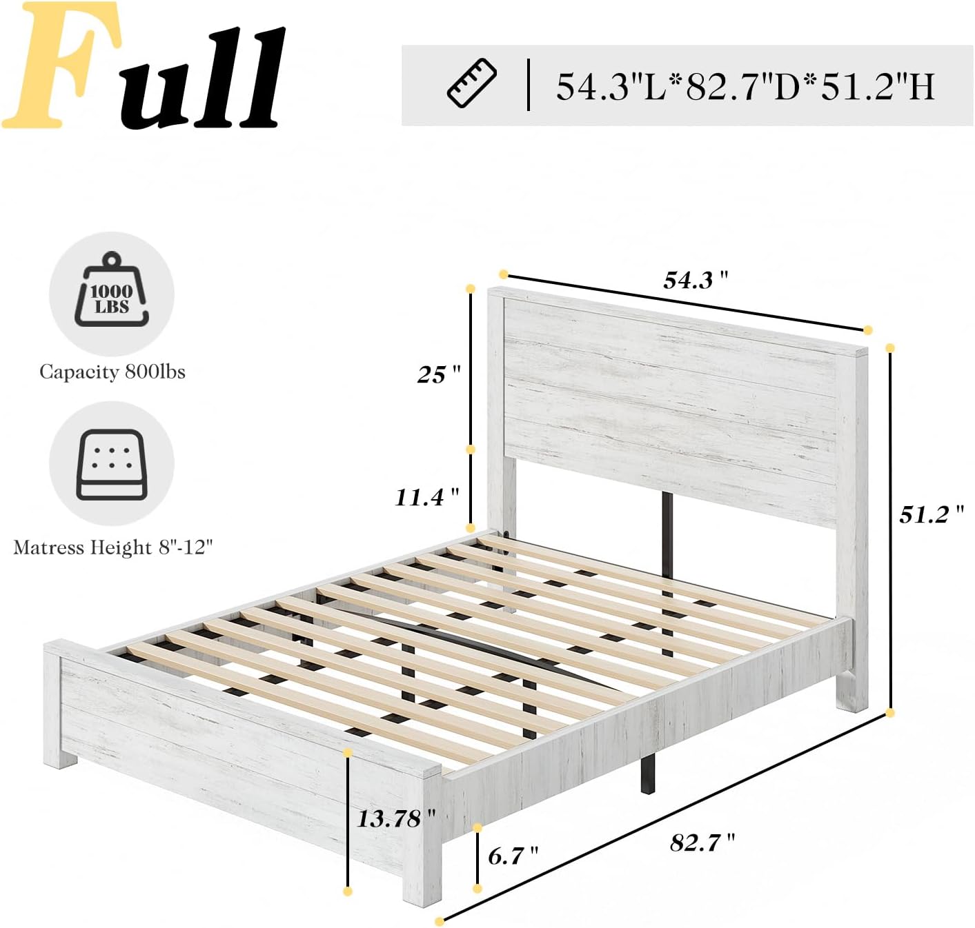 51.2" H Wood Bed Frame with Headboard, Platform Bed Frame Full Size with Wooden Slat Support, No Box Spring Needed/Easy Assembly, Rustic Pine, Distressed White