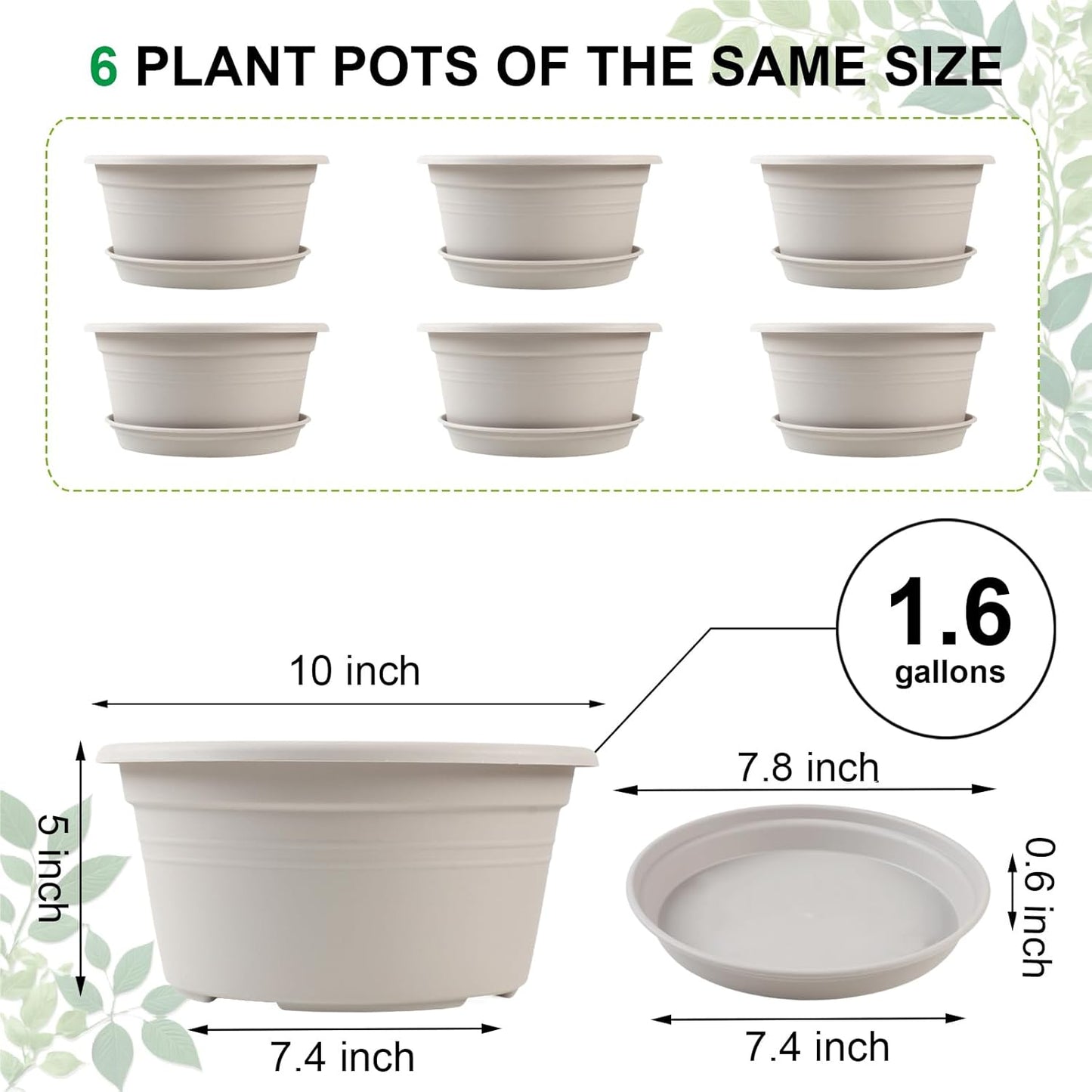 6 Pack 10 inch Plant Pot, Outdoor Pots for Plants with Drainage Hole & Tray Saucer, Round Plastic Plant Pot, Decoration Flower Pots for Indoor Plants Home Garden Outdoor Planters (Gray White)