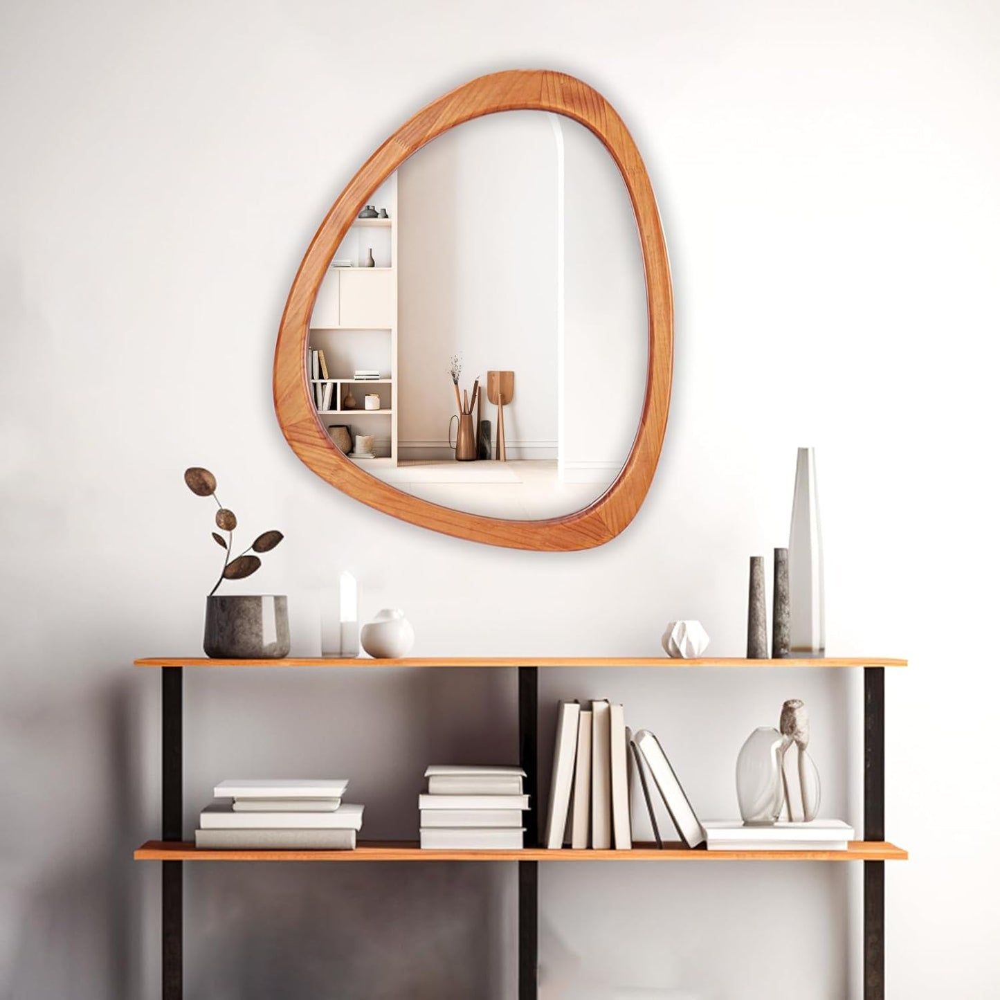 WallBeyond Asymmetrical Mirror, Irregular Wall Mirror for Bathroom, Wall Mirrors Decorative for Bedroom Living Room Entryway Hall, Wood Framed Walnut Mirror 23" H x 19" W