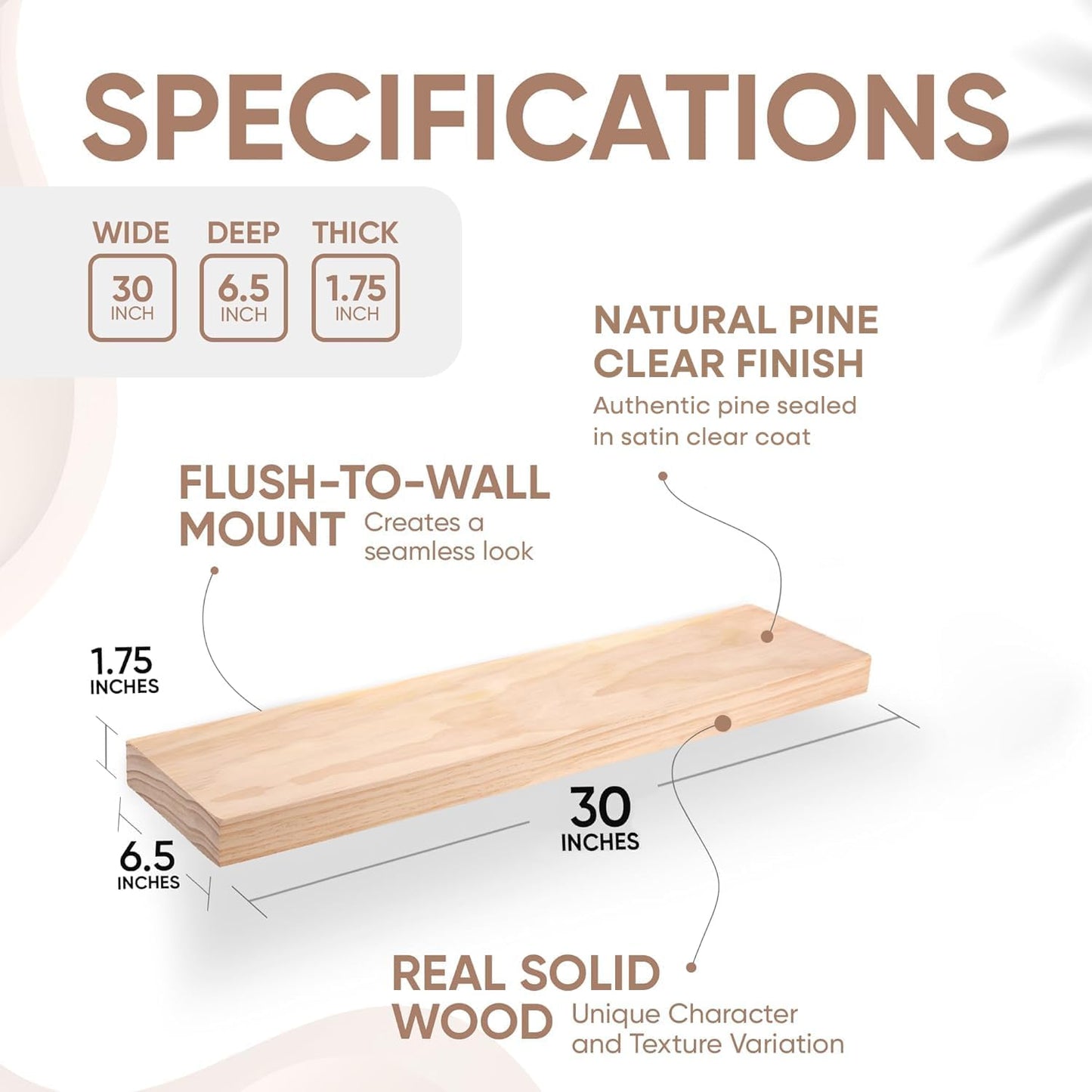 Homeforia 30 inch Natural Floating Shelf, High End Solid Real Wood 30inch Small Floating Shelves for Wall Mounted, Natural Wooden Floating Shelves, Heavy Duty Bracket, 30 X 6.5 X 1.75 in, Set of 3