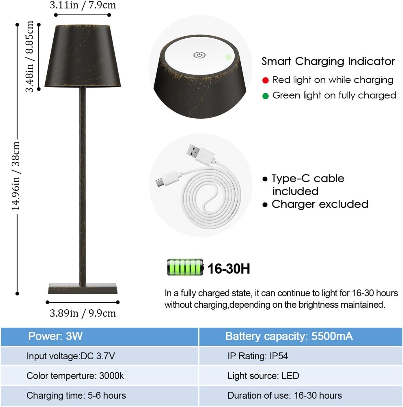2-Pack Rechargeable Table Lamps LED Cordless Table Lamp 3W 5500mAh Battery Operated Table Light Stepless Dimmable Portable Desk Lamp for Restaurant/Table/Bedroom/Outdoor (Copper)