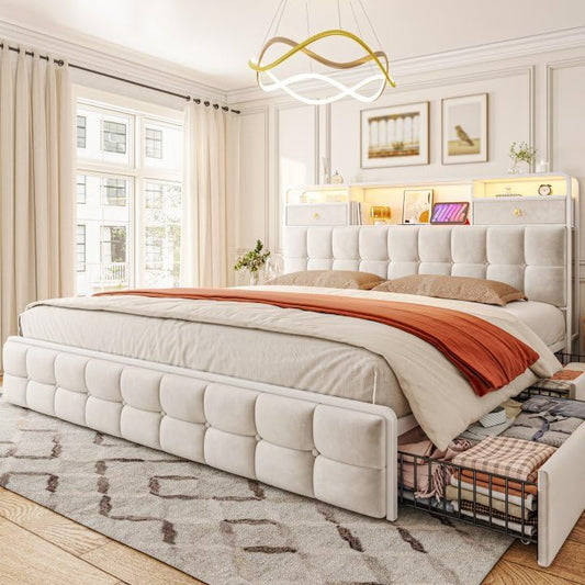 EnHomee King Size Bed Frame with Upholstered Headboard and 6 Storage Drawers,King Bed Frame with LED Lights and Charging Station,no Box Spring Needed,No Noise, Easy Assembly,Velvet,Sturdy,Soft,Beige