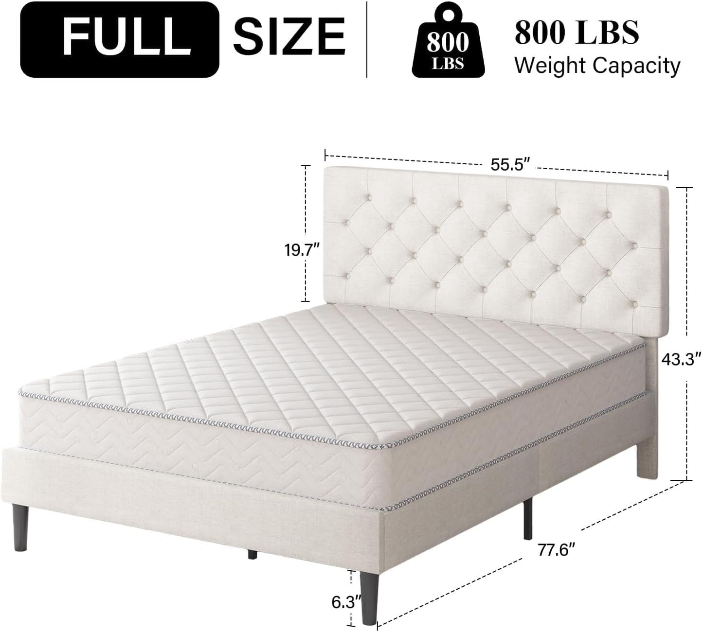 HOMBCK Full Bed Frame with Headboard, Linen Fabric Upholstered Bed Frame Full, White Bed Frame with Wood Slats, Button Tufted, No Box Spring Needed, White