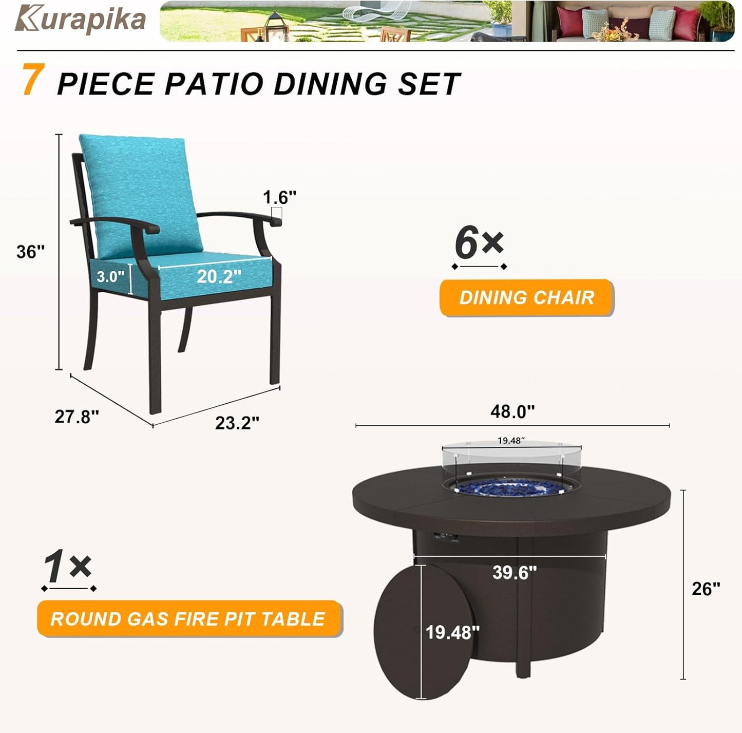 Kurapika 7 Piece Metal Outdoor Patio Furniture Set with 48" Round Fire Pit Table, Patio Conversation Sets 6 Fixed Chairs with Thick Cushion and 40000 BTU Propane Fire Pit Table, Blue