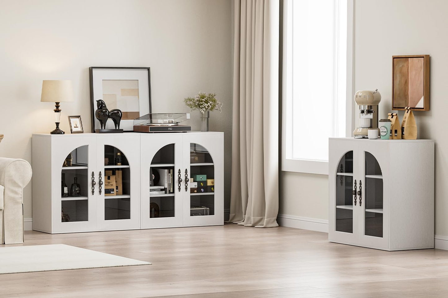 Modular Buffet Storage Cabinet, Glass 4-Door Kitchen Sideboard Buffet Console w/Adjustable Shelves, Wood Modular Organizer for Kitchen Living Room, 63 Inch