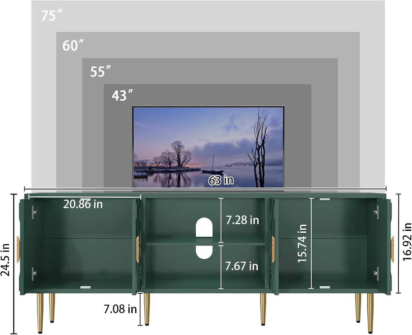 HLR 63'' Modern TV Stand for 65/70/75 inch TV, Entertainment Center with Storage Cabinet, Mid Century Green TV Stand,Embossed Pattern TV Console, TV Media Console for Living Room, Bedroom