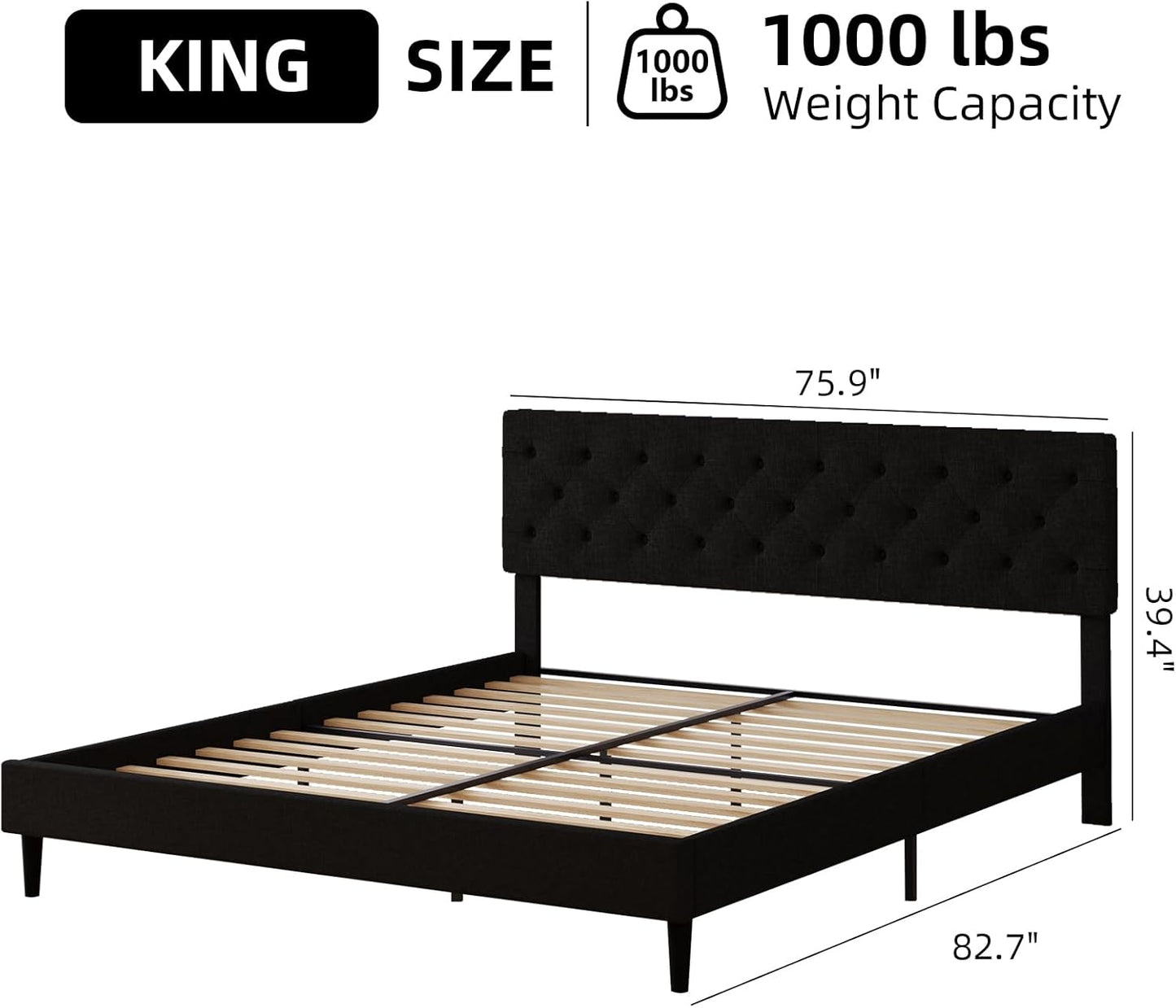HOMBCK King Size Bed Frame with Headboard, Linen Fabric Upholstered Platform Bed Frame, Button Tufted Bed Frame King, Wooden Slat Support, No Box Spring Needed, Easy Assembly, Black