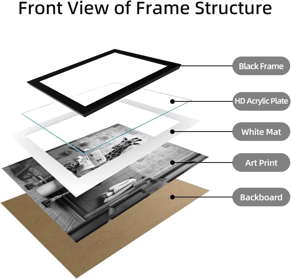 Funny Bathroom Decor Black and White Bathroom Wall Art Giraffe in Toilet Framed Animal Canvas Print Picture Wall Decor