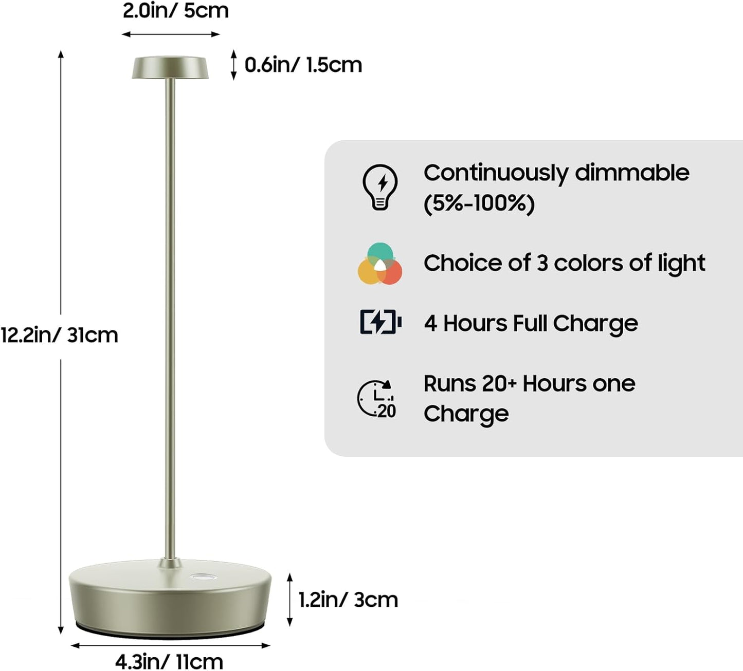 2Pack Cordless LED Table Lamp，Rechargeable Battery Desk Lamps, 3 Color Stepless Dimmable Metal Battery Table Lamps, Portable Table Light for Indoor/Outdoor/Restaurants/Bedroom/Bar
