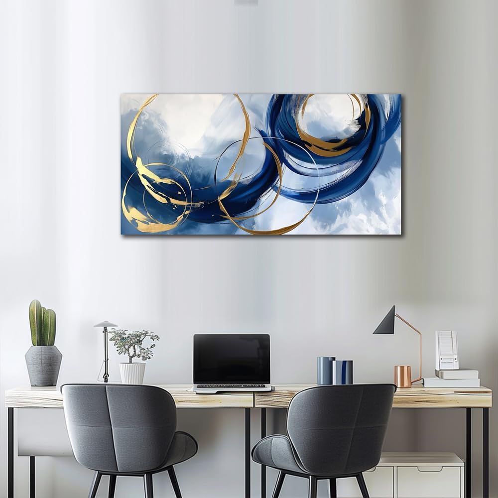 Abstract Wall Art Nave Blue Modern Canvas Pictures Art Print Gold Contemporary Artwork Painting Decor for Living Room Bedroom Home Office Decorations 24x48inches