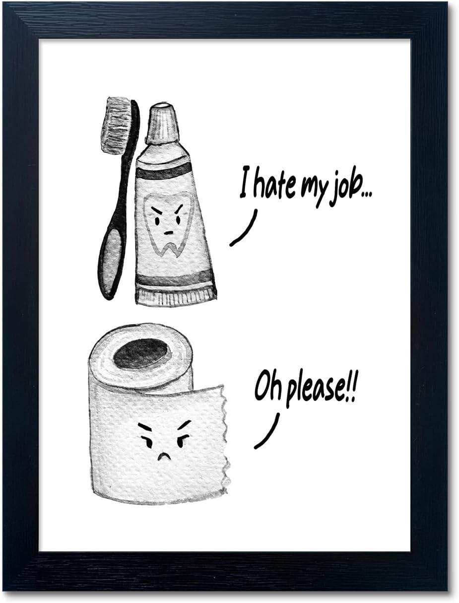 Boswaydeco Kids Bathroom Decor Wall Art Cute Children's Bathroom Wall Decor Small Funny Toliet Paper and Toothbrush Print Black and White Artwork for Guest Rom