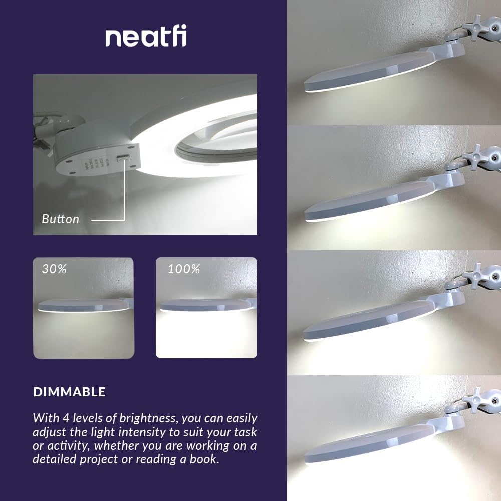 Neatfi XL Bifocal LED Magnifying Lamp, 7-Inch Acrylic Lens, 5D/20D Magnification, Hands-Free, Dimmable, 84 SMD LED, Adjustable Arm for Crafts, Reading, Close Work (White, CCT with Clamp)