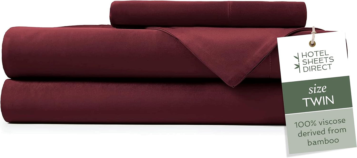 Hotel Sheets Direct 3 Piece Bed Sheet Set Twin Size, 100% Viscose Derived from Bamboo Sheets Set with 1 Pillowcase, Cooling & Breathable Luxury Bedding, Moisture-Wicking & Silky Soft Texture, Burgundy