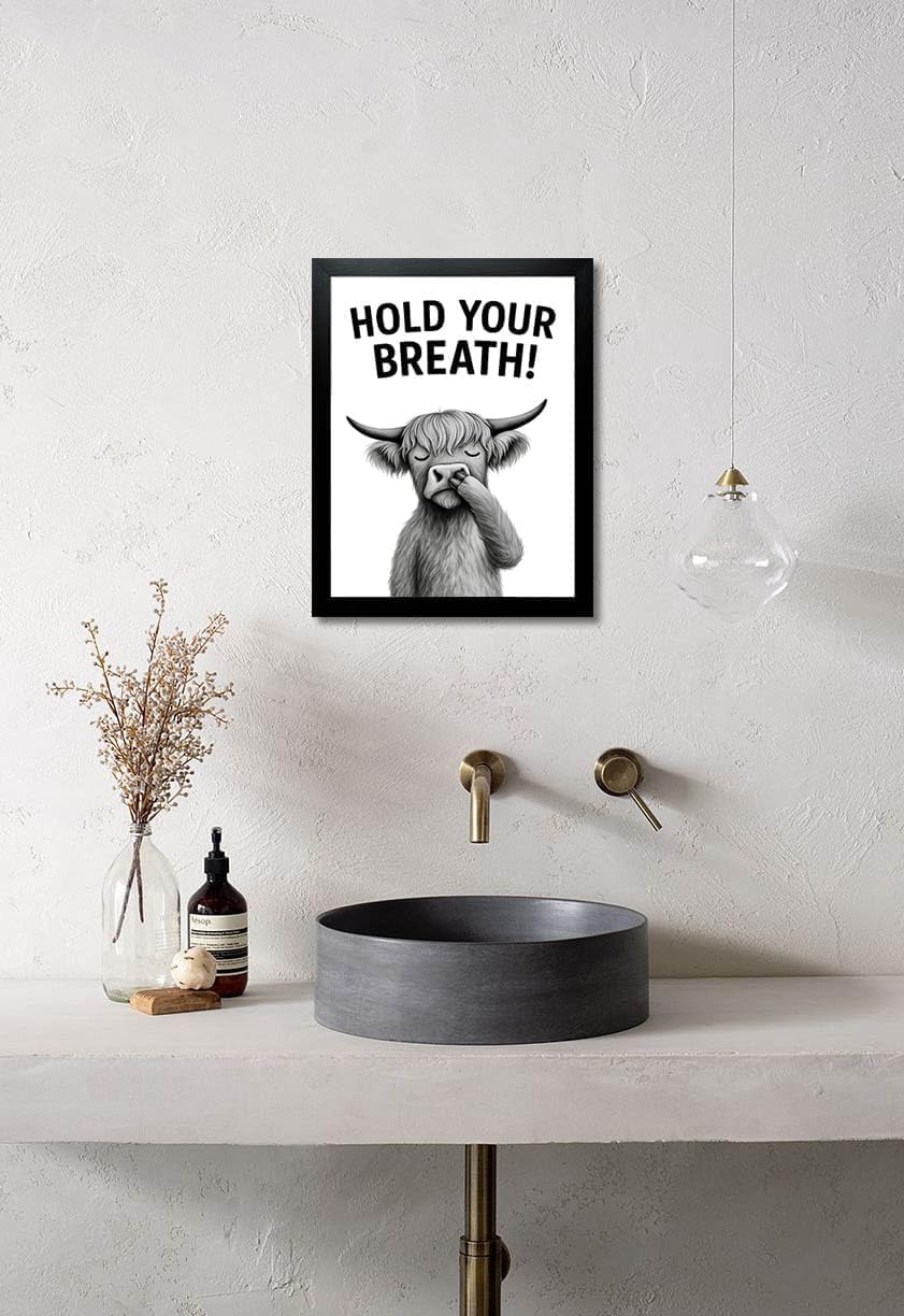 Funny Bathroom Wall Art - Highland Cow Nose Picking Canvas Print, Black and White Humorous Animal Picture, Modern Framed Decor for Home, Restroom (Cow Hold Your Breath, 10"L x 8"W, Framed)
