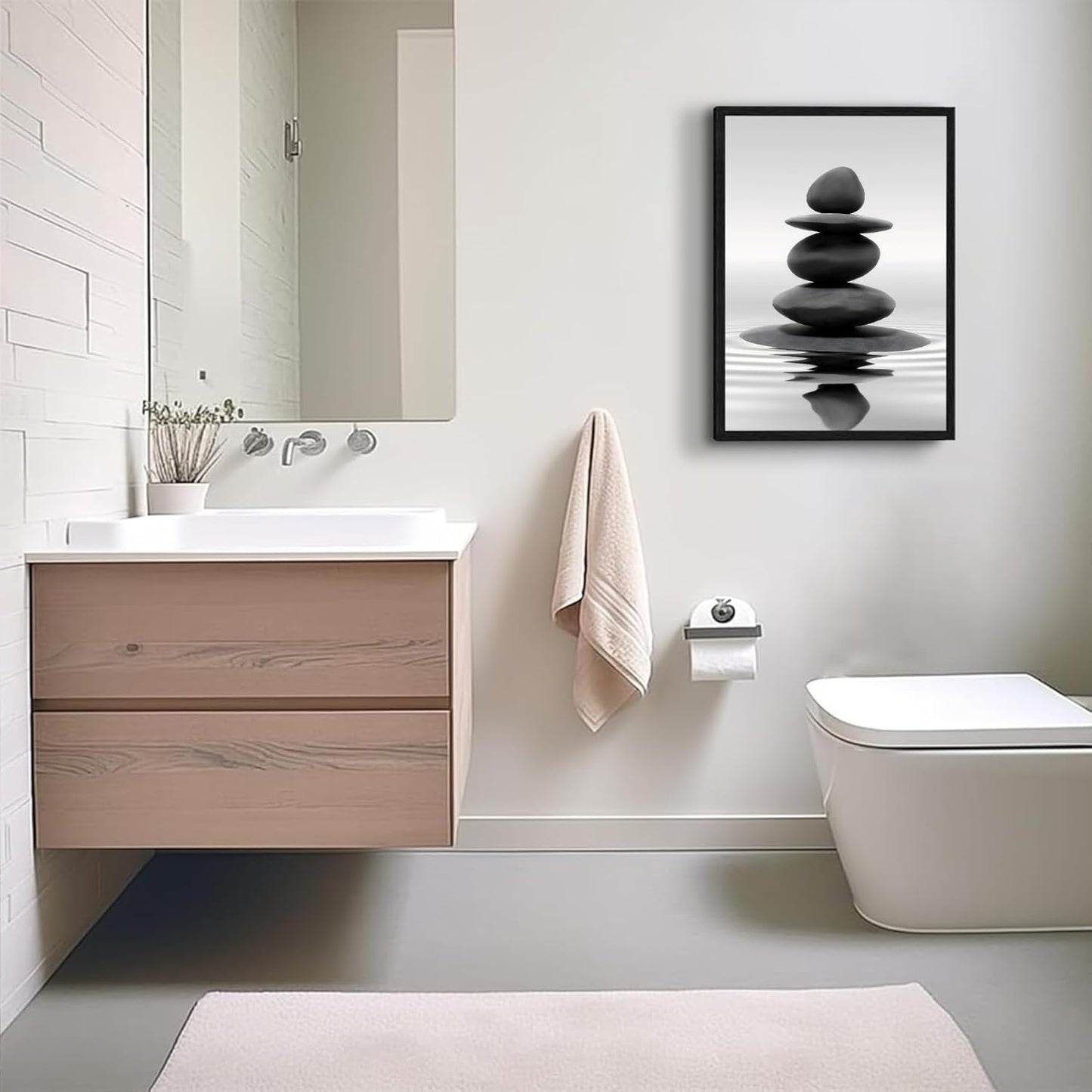 DCMVJHZV Framed Black and White Bathroom Wall Art Zen Stones in the water Bathroom Wall Art Yoga Meditation Picture Wall Decor Spa Room Bedroom Living Room Wall Painting Print (12"x16")