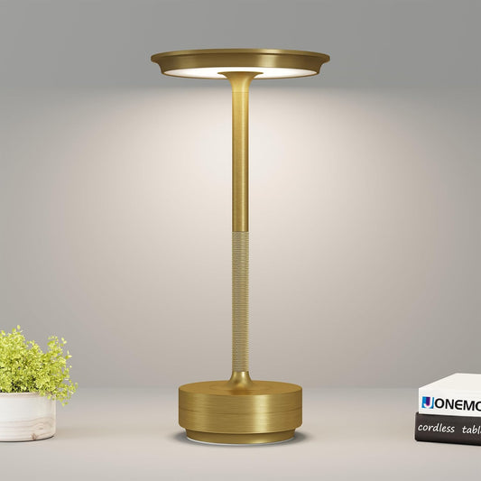 Cordless Table Lamp, LED Rechargeable Table Light with 3 Temp Settings, Stepless Dimming, 5000mAh Battery, USB-C, Memory, Aluminum Alloy, for Home, Patio, Restaurant, Outdoor. Gold