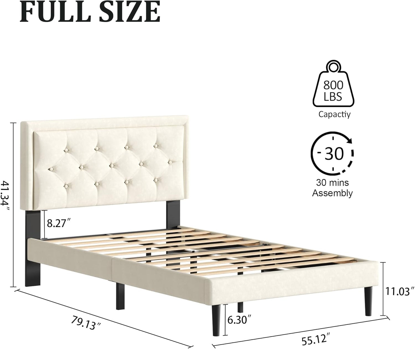 Full Size Platform Bed Frame with Upholstered Velvet Button Tufted Headboard, Mattress Foundation with Wooden Slat Support, No Box Spring Needed, Easy Assembly, Noise Free, Beige