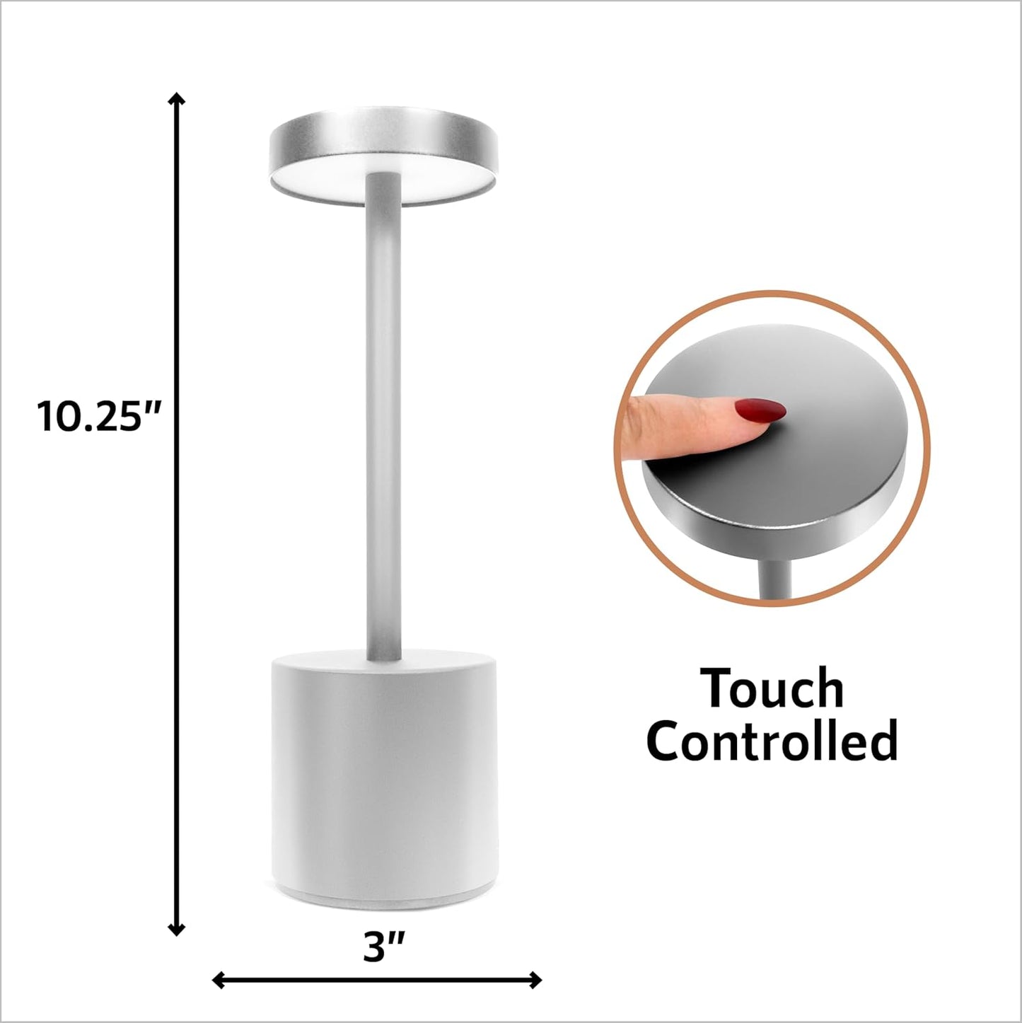 10 Pack - Silver Rechargeable Cordless Table Lamps, Portable LED Desk Lamps, Dimming 5000mAh Rechargeable Battery Powered LED Lighting for Restaurant,Bar, Bedroom, Outdoor, Party