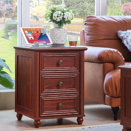 18" Farmhouse Nightstand with Charging Station and USB Port, RedOak Night Stand with 3 Drawers, Wood Bedside End Table with Storage, Bed Side Tables for Bedroom Living Room and Closet