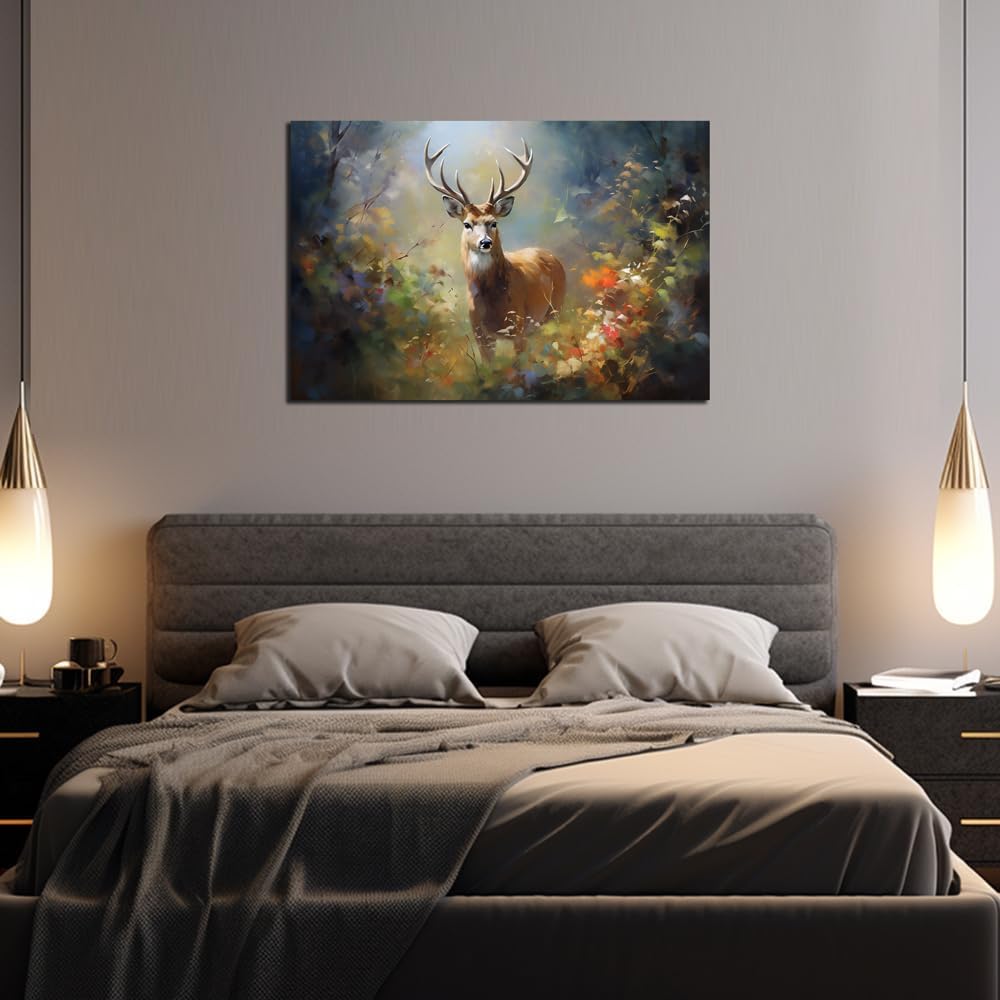 Deer Wall Art Decor Elk Canvas Pictures Forest Landscape Theme Art Print Wildlife Artwork for Living Room Watercolr Animal Canvas Art for Bedroom Bathroom Home Office Decorations(24"×36")