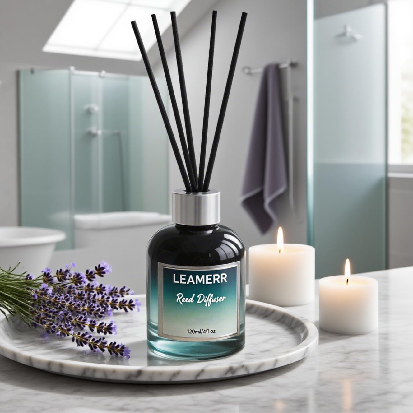 Reed Diffuser Sets, 4oz (120mL)- Lavender Reed Diffuser Oils, with 5 Reed Sticks, Home Fragrance Reed Diffuser for Bathroom Shelf Decoration.