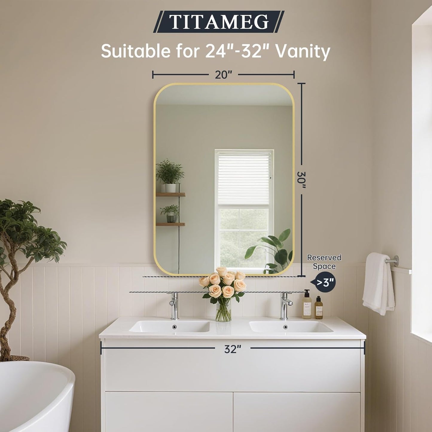 20x30 Inch Bathroom Mirror for Wall, Gold Framed Rectangle with Rounded Corner, Aluminum Alloy Brushed for Bedroom or Living Room, Vertical or Horizontal