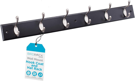 BIRDROCK HOME Oval Hook Coat and Hat Rack | 6 Hooks | Wall Mount | Black Finish | Satin Nickel Hooks