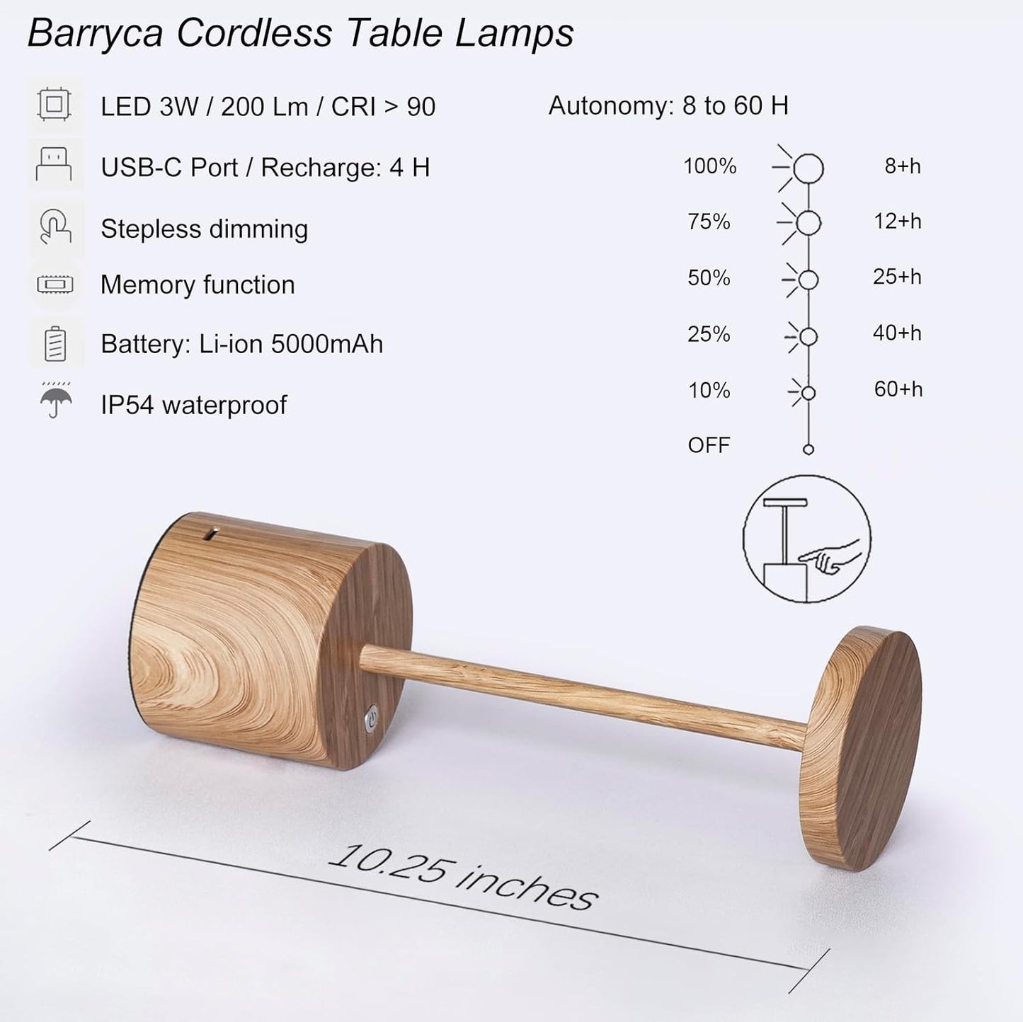 2 Pack Cordless Rechargeable Table Lamp, 3 Color Temperature & Dimmable, IP54 Waterproof Battery Operated Portable LED Light for Outdoor, Patio, Restaurant, Bedside, Shower (Bamboo)