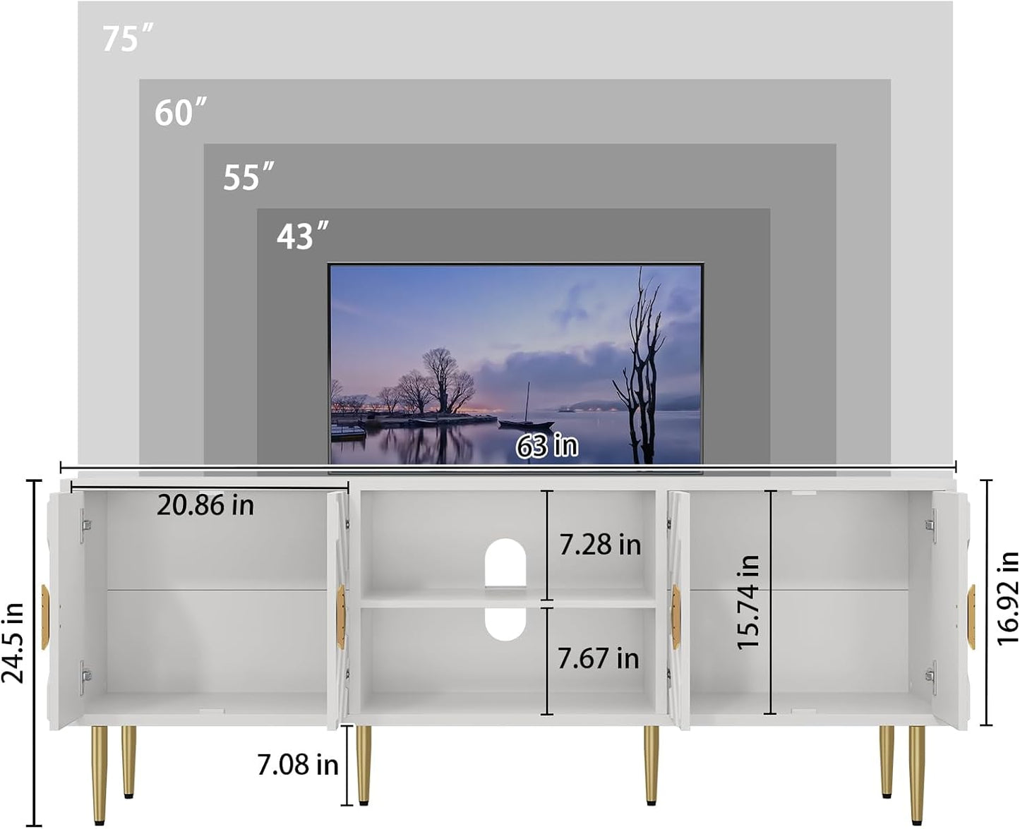 HLR 63'' White TV Stand for 65/70/75 inch TV, Entertainment Center with Storage Cabinets and Embossed Pattern Doors, Mid Century Modern Media TV Console Table for Living Room Bedroom