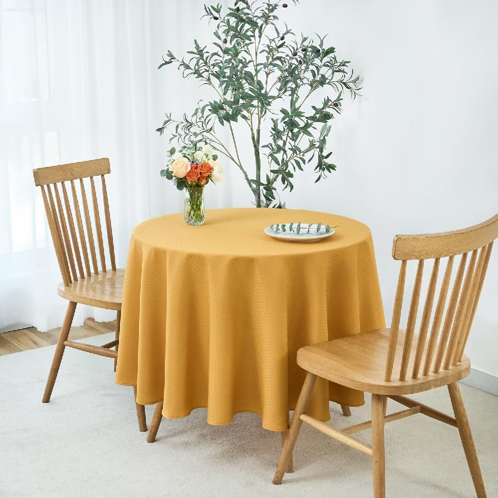 maxmill Round Weaved Texture Design Tablecloth Spill-Proof Wrinkle Free Soft Washable Table Cloth for Circular Table Cover, for Dining Room Banquet Parties Holiday Dinner, 90 Inch Ochre Yellow