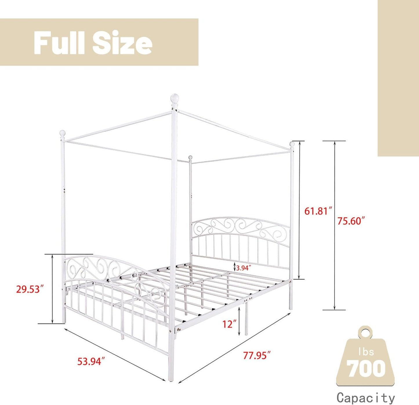 Full Size Canopy Bed Frame Four-Poster Metal Platform Bed with Headboard and Footboard Sturdy Heavy Duty Steel Slat Support No Box Spring Needed White