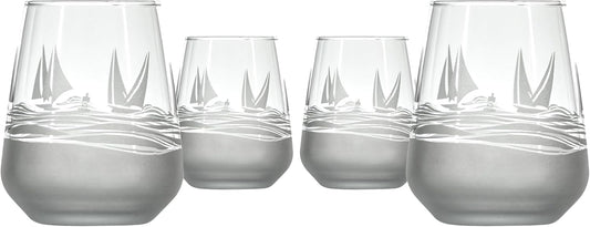Rolf Glass Regatta Stemless Wine Tumbler 15.75 ounce | Proudly Made in the USA | Set of 4 Nautical Stemless Wine Glasses | Lead-Free Glass | Etched Tumbler Glasses