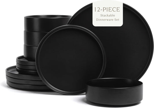 over&back 12-Piece Stackable Stoneware Dinnerware Set – Includes 4 Dinner Plates, 4 Salad Plates, 4 Cereal Bowls & 4 Dinner Bowls – Durable & Stylish Semi-Matte Black Dishes