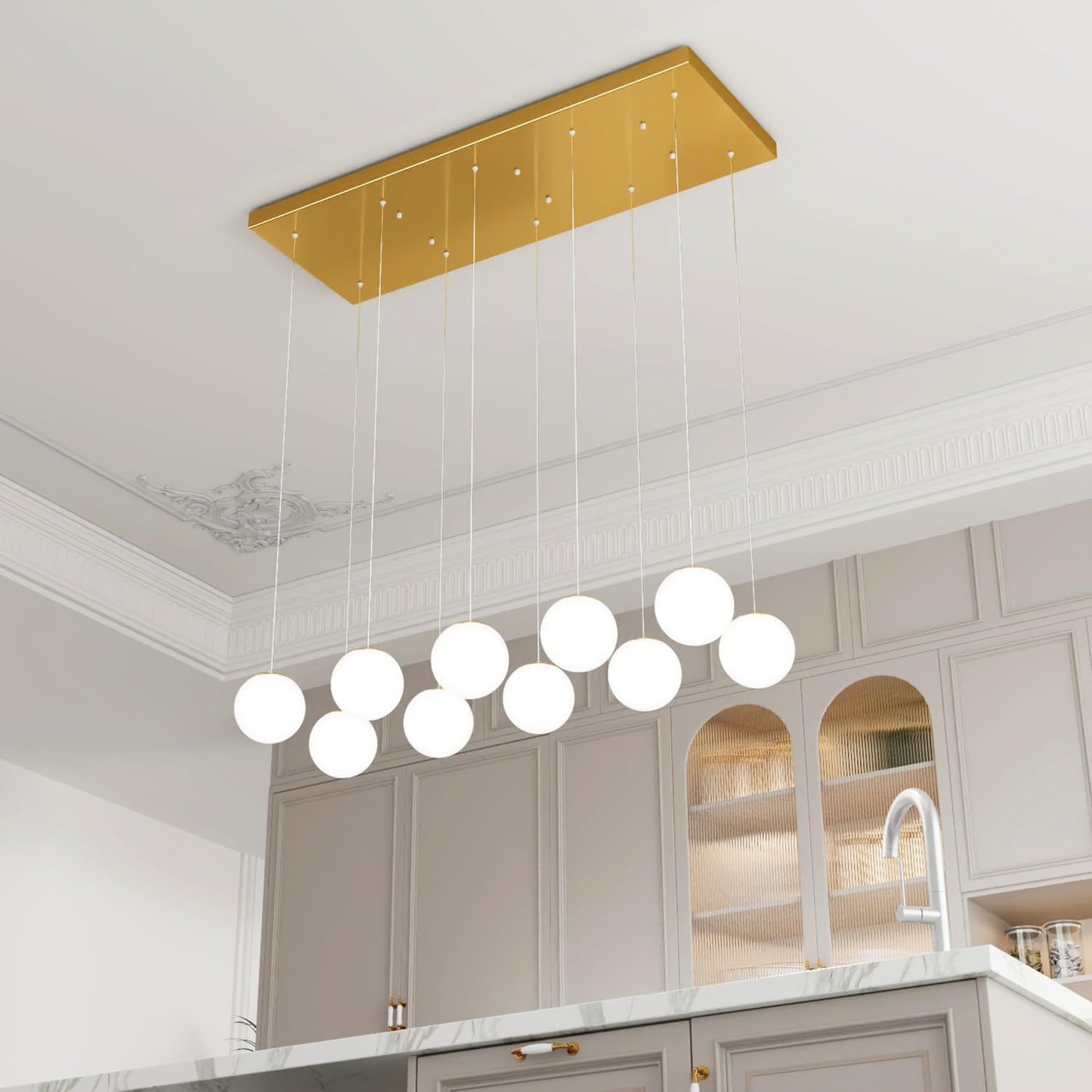 10-Lights Globe Chandelier Gold Pendant Lighting Fixture Hanging Ceiling Light for Dining Room, Kitchen Island,High Ceiling Chandelier Glass Ball Hanging Lighting for Living Room Staircase Entryway
