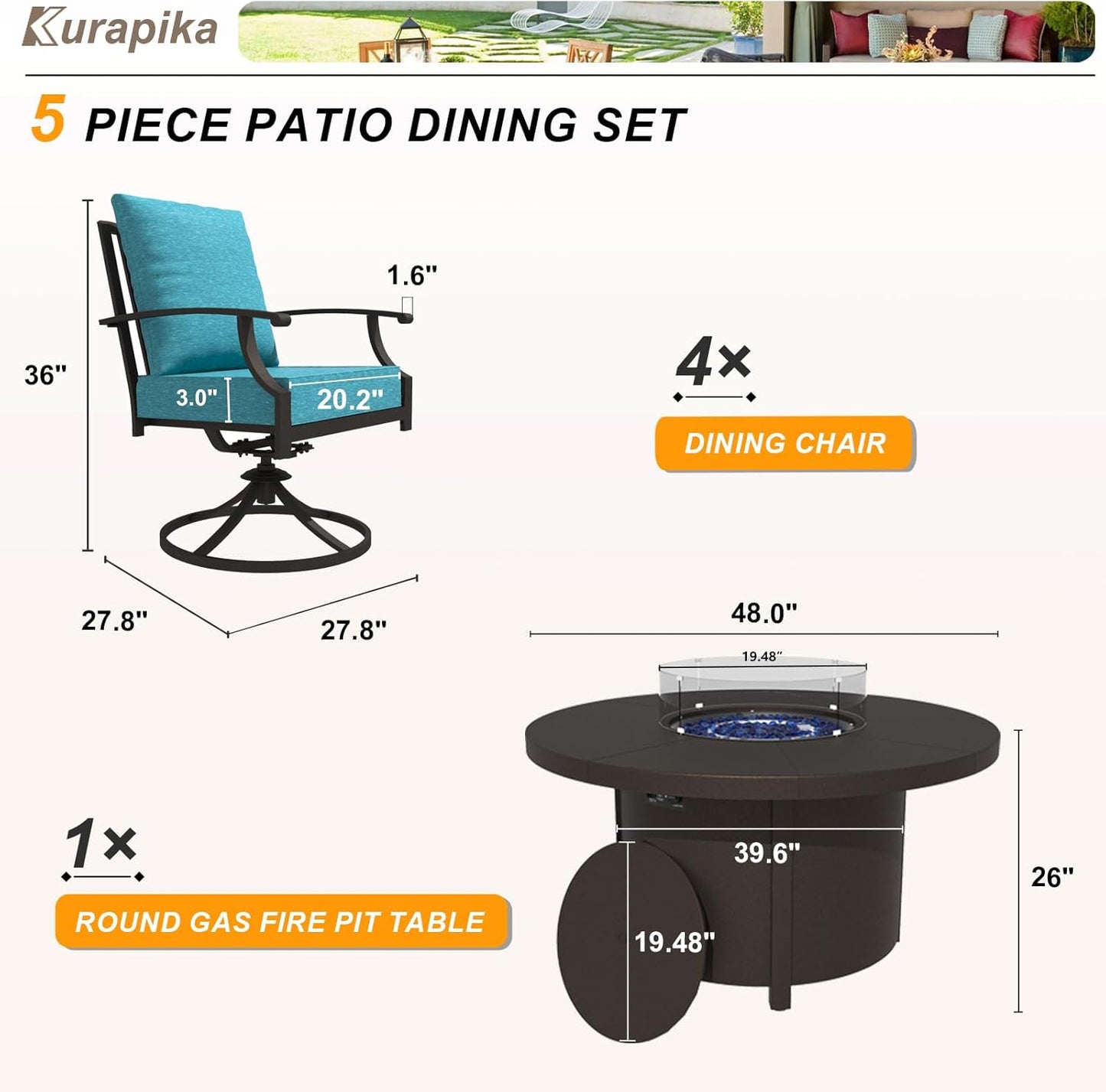 Kurapika 5 Piece Metal Outdoor Patio Furniture Set with Round Fire Pit Table, Patio Conversation Sets 4 Swivel Chairs with Thick Cushion and 40000 BTU Fire Pit Table, Blue
