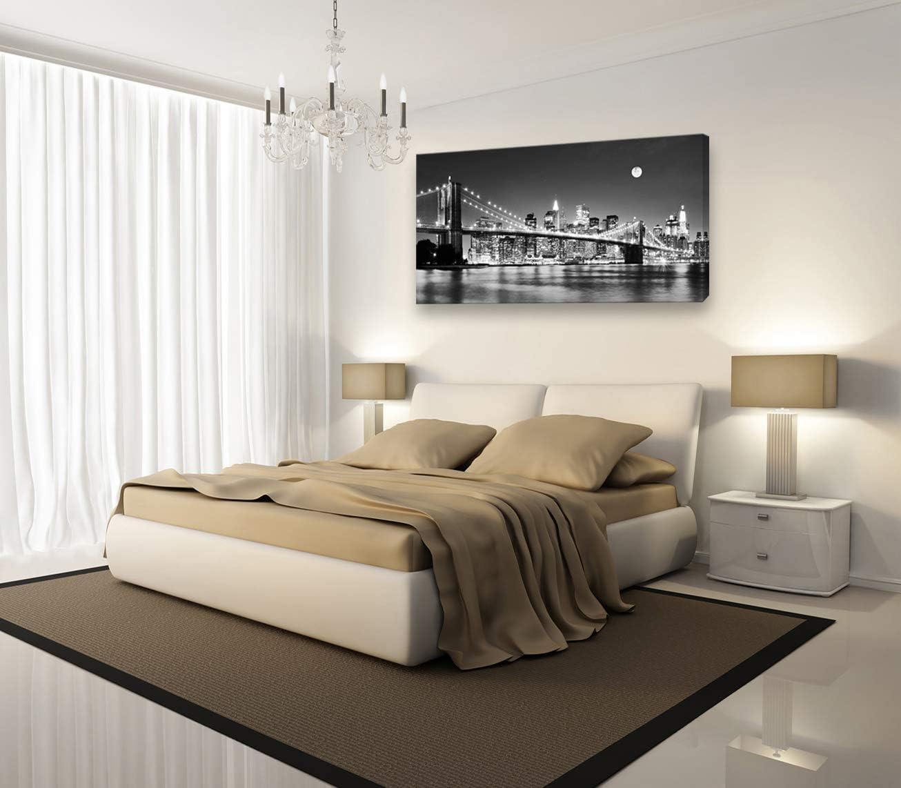 Baisuart-Q30362 Brooklyn Bridge Night View 1 Panels Landscape Artwork Canvas Prints Moon Night New York City Scene Picture Paintings Black and white Wall Art for Oiffce Home Decorations Wall Decor