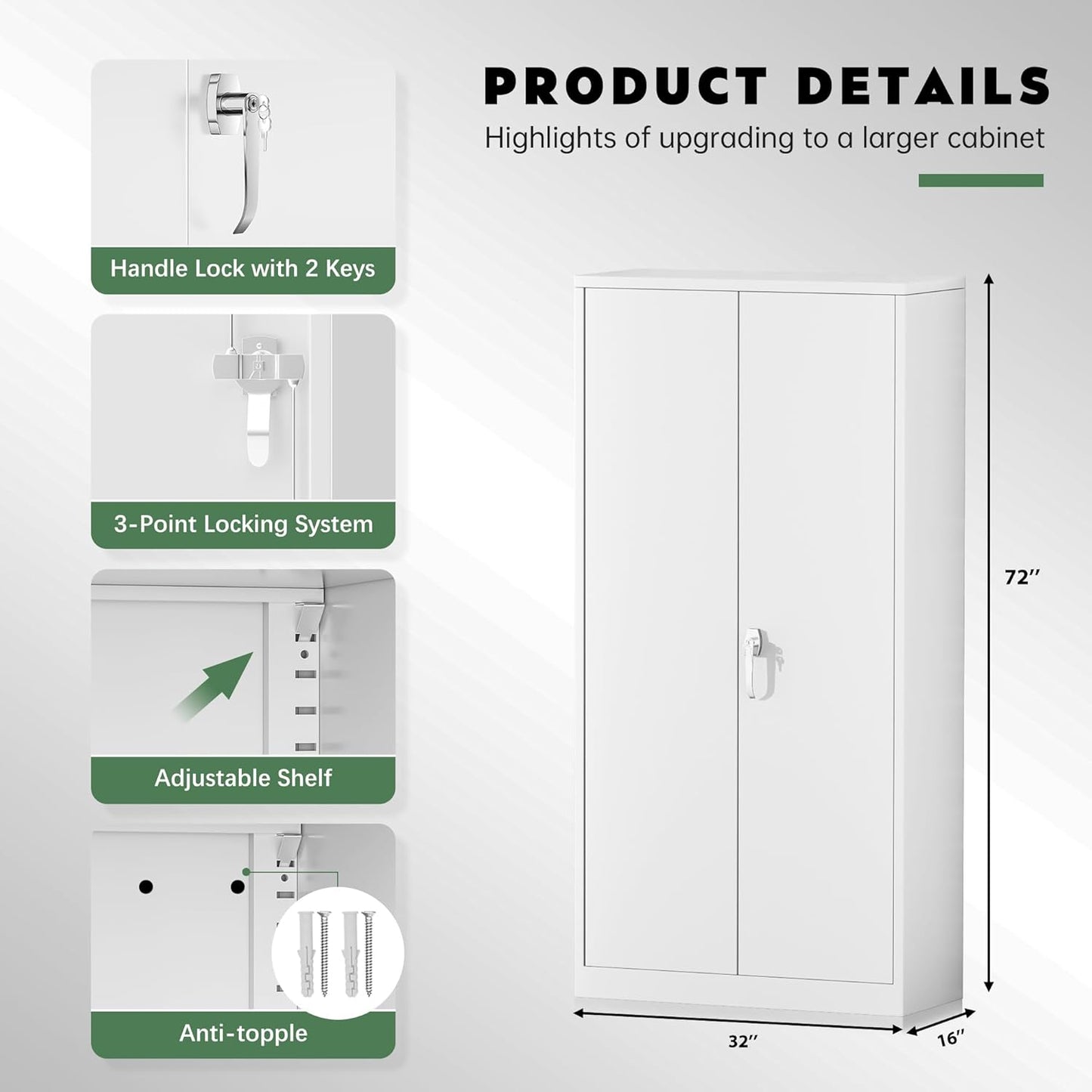 Greenvelly Metal Garage Storage Cabinet,Steel Lockable Storage Cabinet with 2 Doors and 4 Adjustable Shelves,Tall Metal Cabinet Locking File Cabinet for Office,Home, Garage, Gym, School