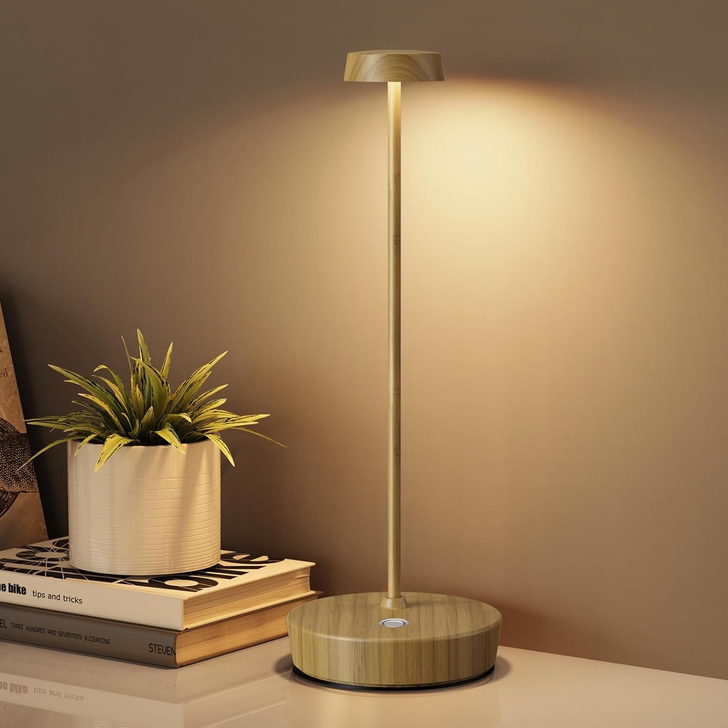 Cordless LED Table Lamp，Rechargeable Battery Desk Lamps, 3 Color Stepless Dimmable Metal Battery Table Lamps, Portable Waterproof Table Light for Indoor/Outdoor/Restaurant (2Pack Wood Grain)