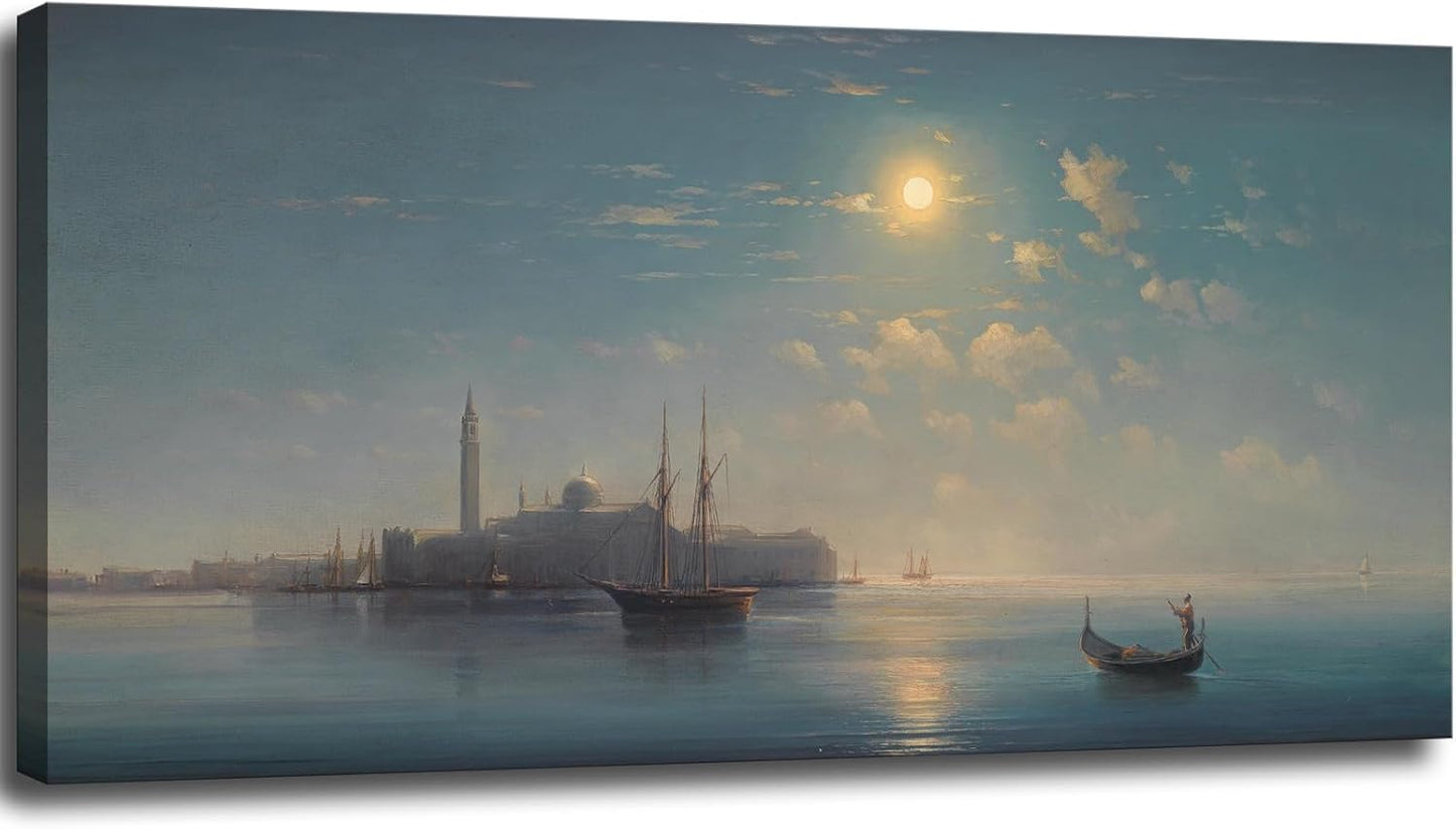 Large Canvas Wall Art Boats at Sunset Artwork Decor for Bedroom Venice Seascape Nature Classical Paintings Peaceful Vintage Landscape Picture Print for Living Room Office Home Decoration 20"x40"