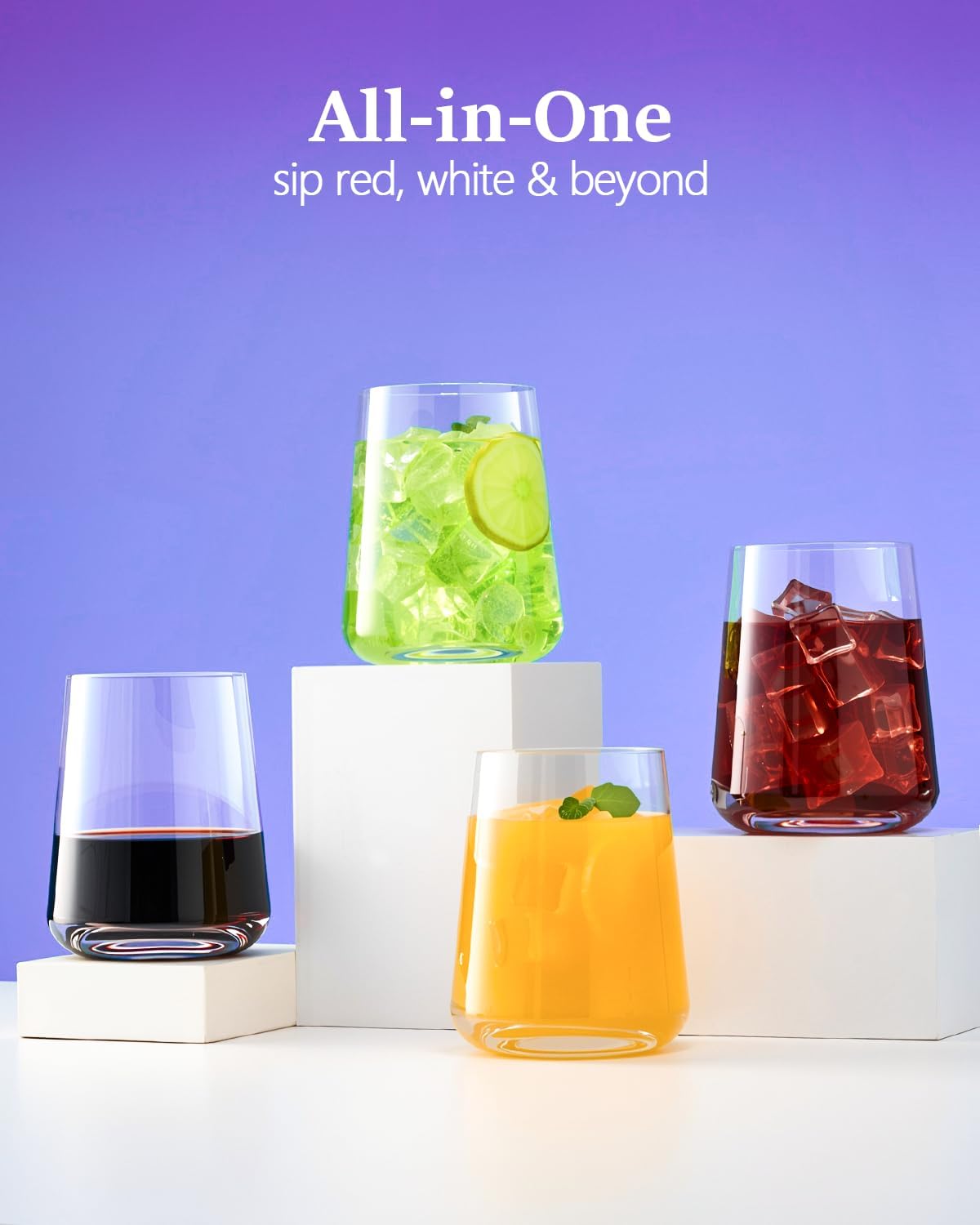 Crystal Stemless Wine Glasses Set of 6, 17 oz Hand-blown Drinking Glasses for Red and White Wine, Universal Drinking Glasses for Juice and Water, Thickened Base & Dishwasher Safe